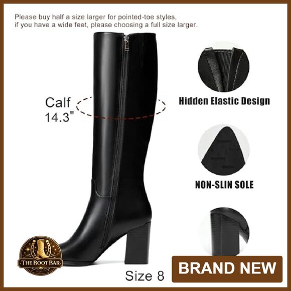 Women's Knee-High Boots Pointed Toe Block Heel Zipper Retro Fashion - Picture 6 of 8